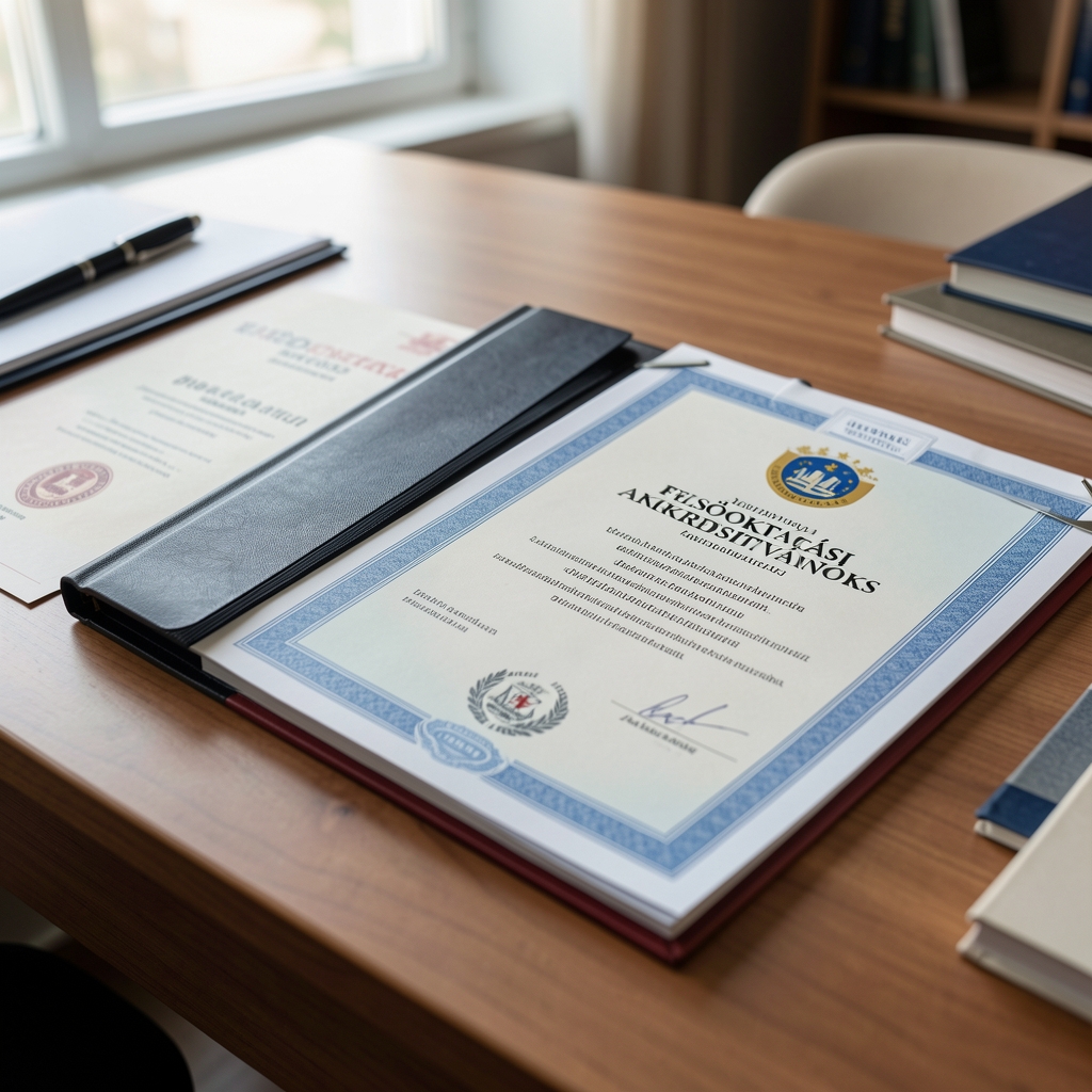 Felsőoktatási akkreditációs tanúsítványok és diplomák közelképe egy íróasztalon, europai egyetemi logókkal