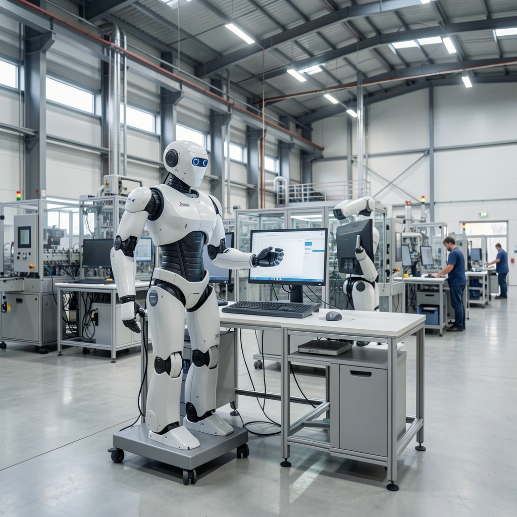 Robotkar és ipari gépi látás rendszer egy modern gyárban ahol számítógépes látás technológiát alkalmaznak minőségellenőrzésre