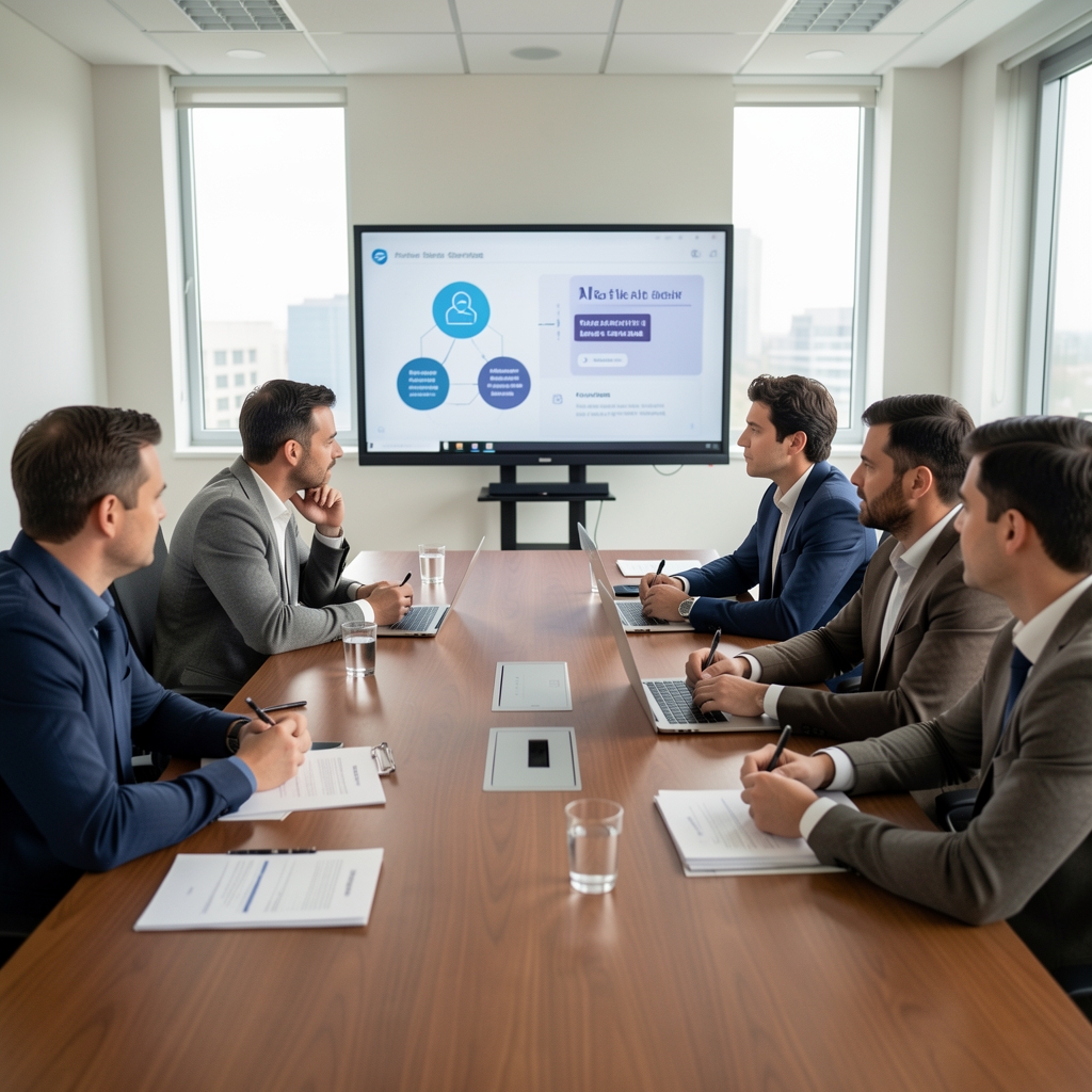 Csoport vitát folytat etikai AI kérdésekről egy tárgyalóteremben interaktív táblával és prezentációs anyagokkal