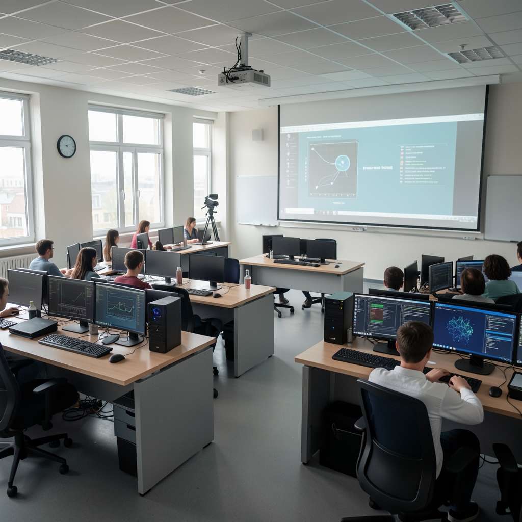 Modern egyetemi előadóterem ahol AI és gépi tanulás előadás zajlik vetítővel és modern számítógépes laborfelszereléssel