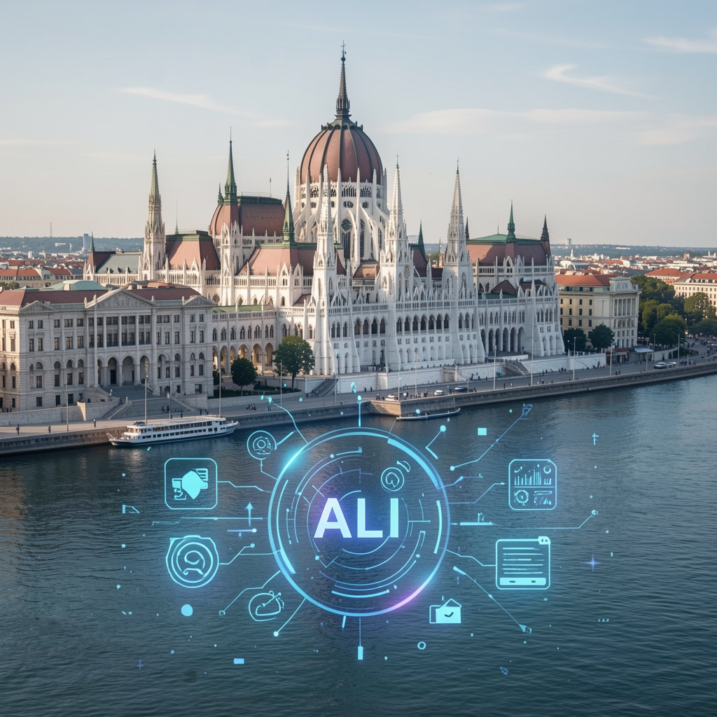 Budapest látképe a Dunával és a Parlamenttel, előtérben digitális AI technológiai szimbólumokkal illusztrálva