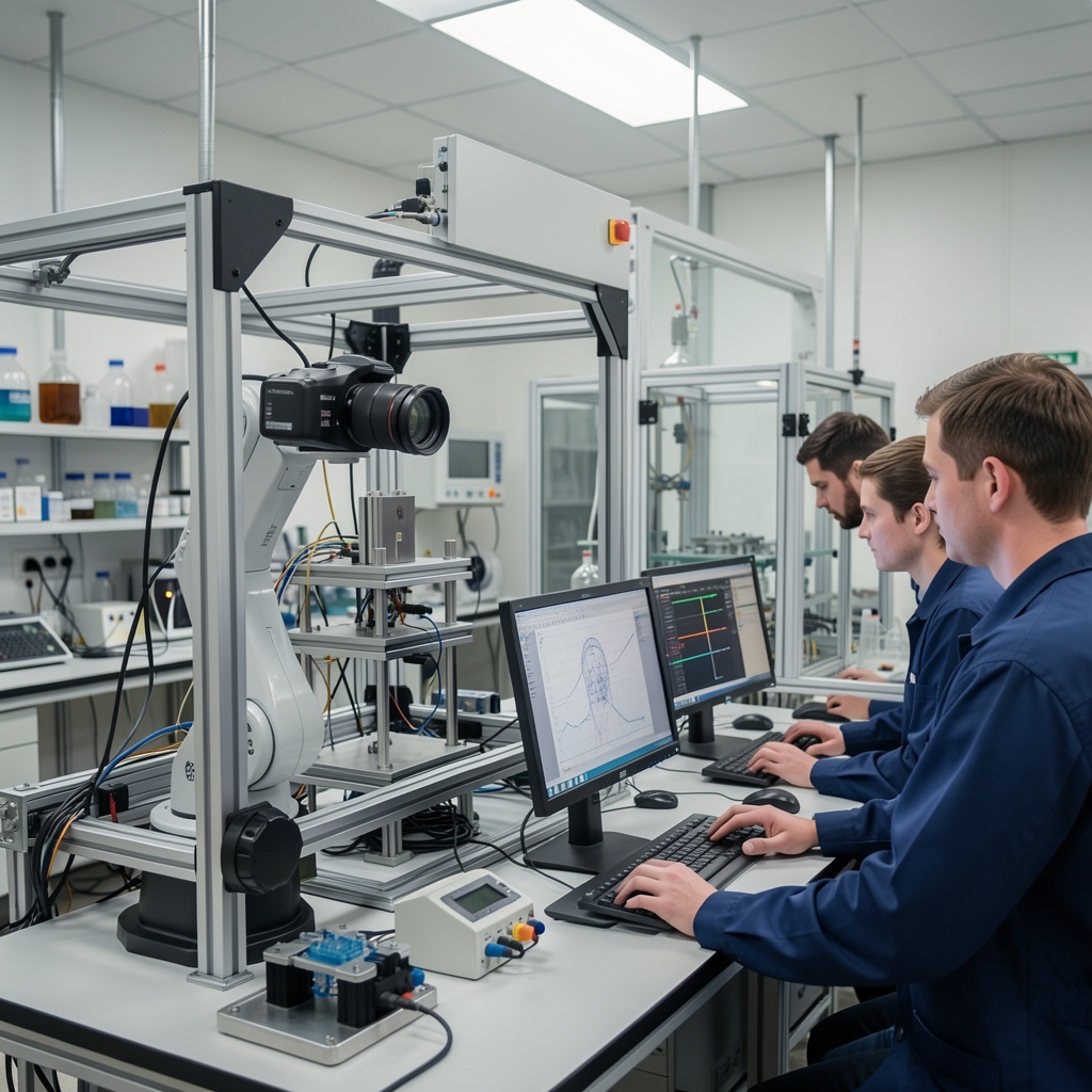 Robotkamera és képfeldolgozó rendszer valós idejű tárgydetekciót végez egy laboratóriumi berendezésen, ahol mérnökök monitorozzák az eredményeket