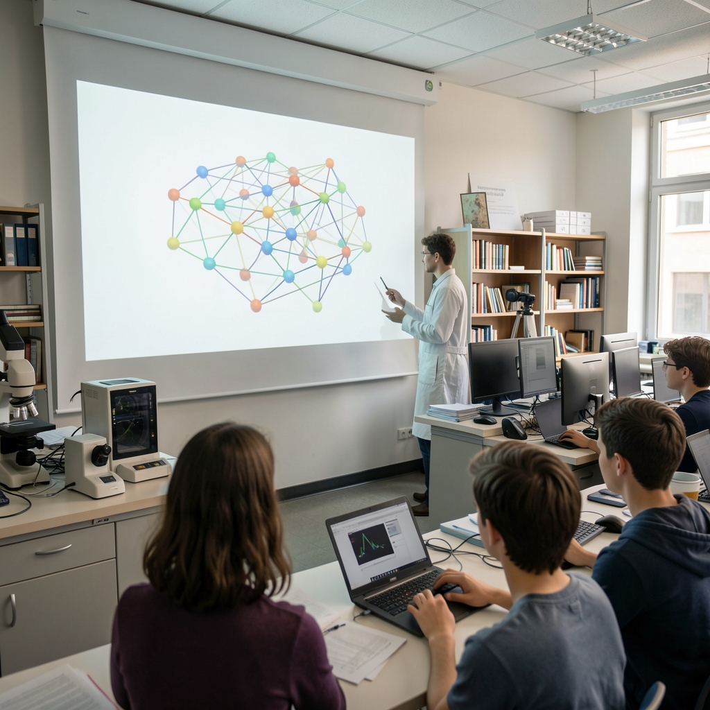 Neurális hálózat rétegeit vizualizáló 3D diagram vetítve fehér falra egy mélytanulás laborban, hallgatók figyelik a prezentációt