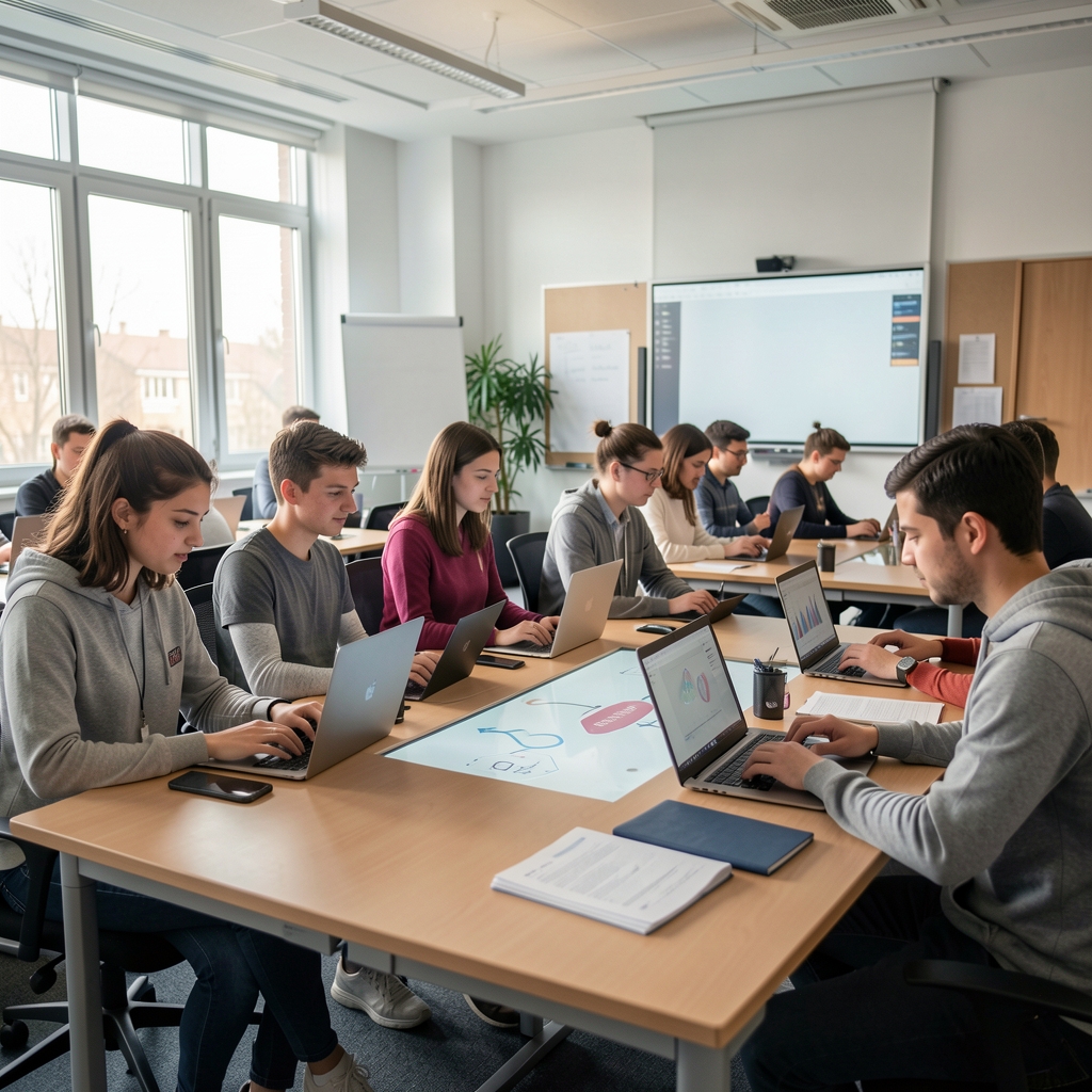 Egyetemi hallgatók mesterséges intelligencia és adattudomány kurzuson dolgoznak laptopokkal és interaktív táblán, modern oktatási teremben