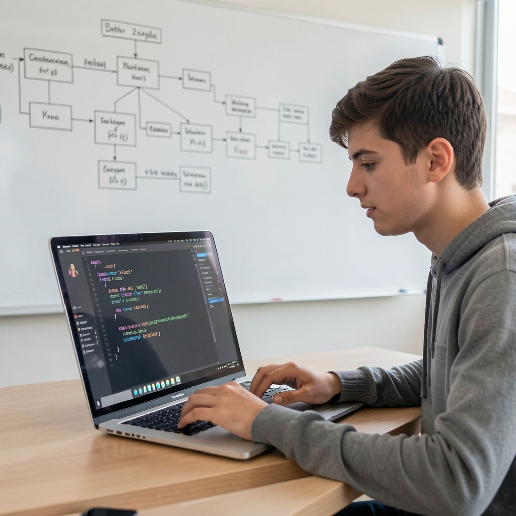 Fiatal adatmérnök laptopján gépi tanulási Python kódot ír, mögötte fehér táblán algoritmusdiagrammok láthatók