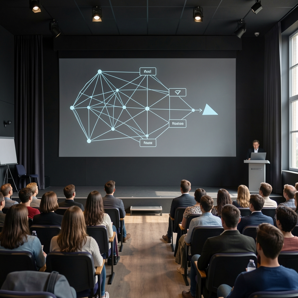 Neurális hálózat architektúra diagramja vetítve egy sötét előadóterem falára, ahol hallgatók ülnek