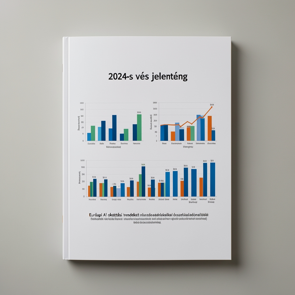 Európai AI oktatási trendeket mutató adatvizualizáció grafikonokkal és statisztikai összefoglalóval, 2024-es éves jelentés borítója
