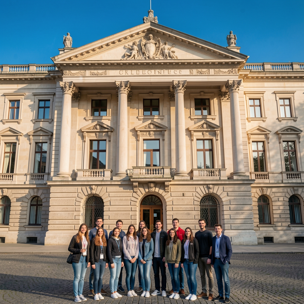 Neoklasszikus egyetemi épület homlokzata Budapest belvárosában, kék ég alatt, előtte modern diákok csoportja